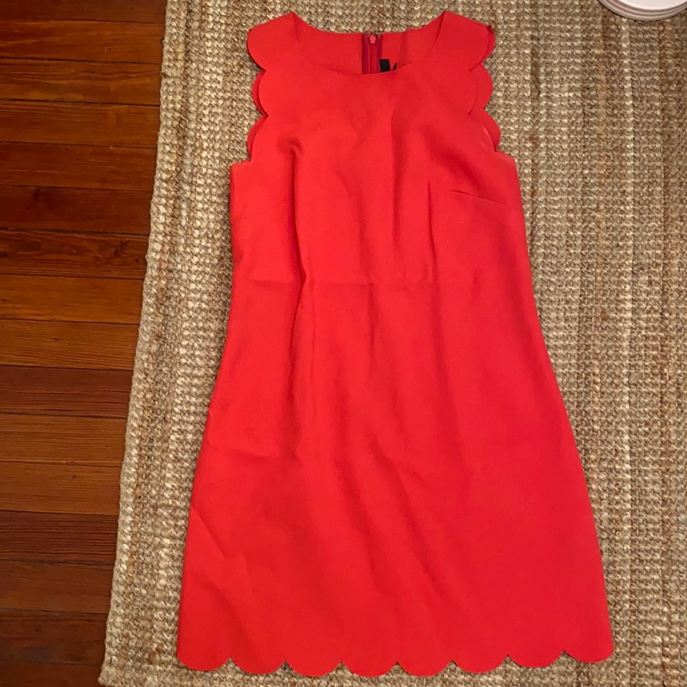 Coral color high neck dress with scallop detail